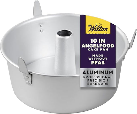 Wilton 10 Inch Angel Food Tube Cake Pan, Even Heating Aluminum Bakeware for Cakes, Made without PFAS, Packaging May Vary