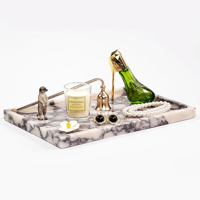 Large Decorative Marble Tray - Square Stone Vanity Perfume Plates for Bathroom Accessories Coffee Table Bar, Luxury Key Dresser Dish for Kitchen Countertop Entryway (11.8" x 7.9" x 0.8")
