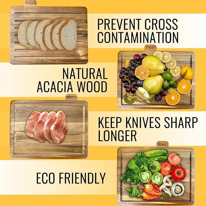 Acacia Cutting Boards for Kitchen with Holder 13" x 11" x 2.5" | Labeled Wood Cutting Board Sets | Large Wooden Cutting Board Set of 4 with Black Organized Stand | Non Toxic Chopping Board