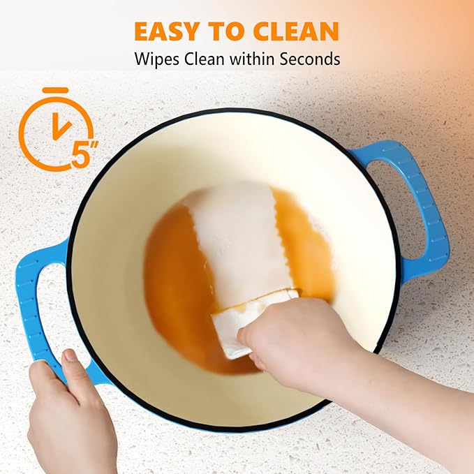 ROVSUN Enameled Cast Iron Round Dutch Oven, 7.5QT Pot with Lid &Dual Handles with Silicone Gloves,Oven Safe up to 500°F, Heavy-Duty Pre-Seasoned Cookware for Bread Baking, Braising, Stews, Roasting,Blue