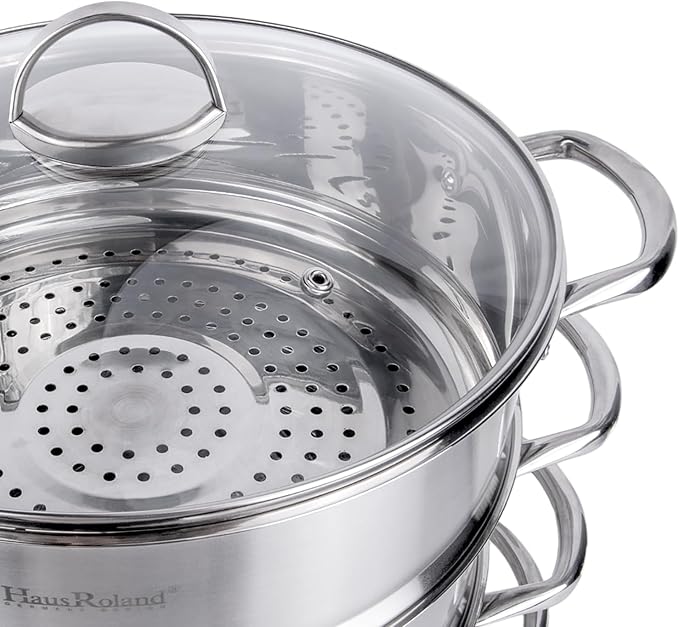 3-Tier Stainless Steel Steamer Pot with Lid Dumpling Steamer Pot for Cooking (3-tiered), Multi-Layer Cookware Pot, Food Vegetable Cooking Pan with Stackable Pan Insert for Vegetable, Dumpling, Meat, Dishwasher safe, Induction Safe (Silver, 12.68-qt. (1...