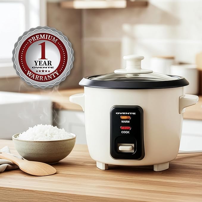 OVENTE Electric Rice Cooker 4-Cups (Cooked) with Removable Nonstick Pot, Keep Warm Function, Cooks Grain, Oatmeal and Makes Soups, Stews or Hot Cereals, Includes Measuring Cup and Spatula, Cream RC04C