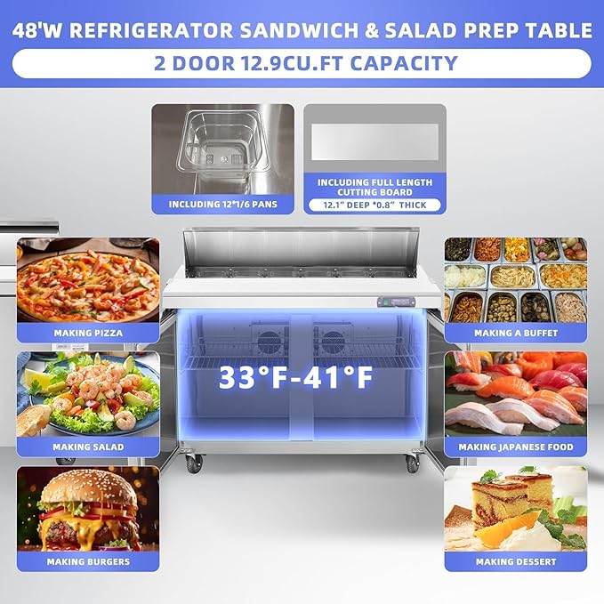 JINSONG 48" Commercial Refrigerator Sandwich Prep Table, 2 Door Salad Bar Buffet Station, Stainless Steel Refrigerated Food Prep Table with Cutting Board & 12 Pans for Restaurant Deli Bar