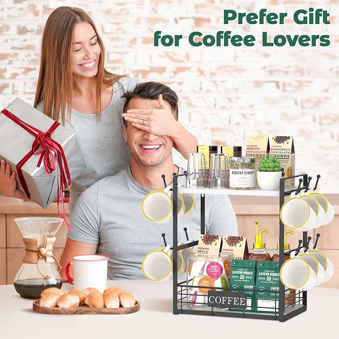 EsLuker.ly Coffee Mug Cup Holder Tree Bar Station Organizer, 2 Tier Mug Stand Rack for Countertop Kitchen, Storage Tower Display Shelf with 12 Hooks, Coffee Nook Enhancer, White-Black