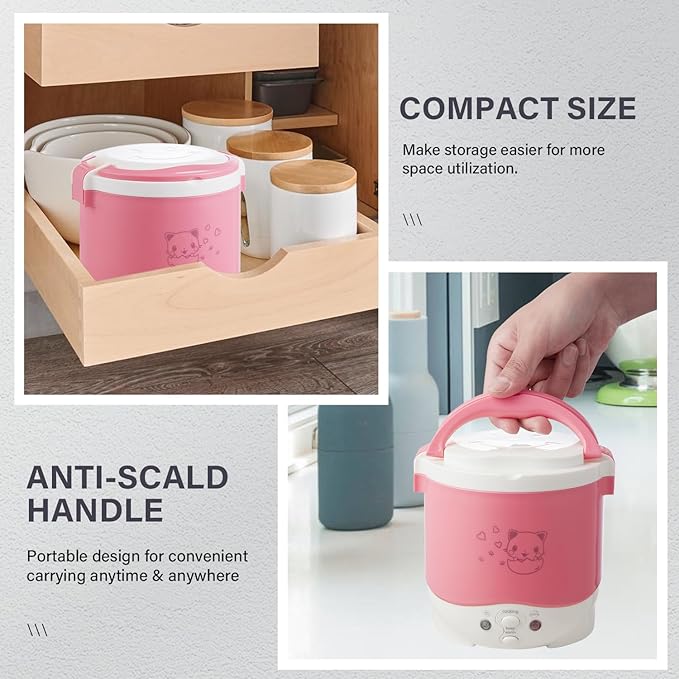 OSBA Small Rice Cooker,12v Portable Travel Rice Cooker For Car, Cooking Heating and Keeping Warm Function, Can be Used As a Electric Lunch Box (Pink)