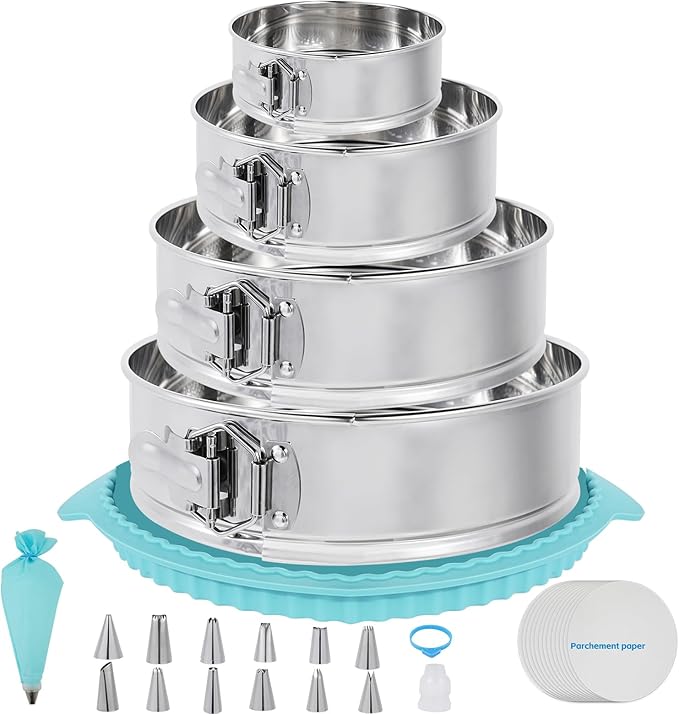 Aufind Springform Pan Set for Baking (4,7,9,10inches), 304 Stainless Steel Springform Cake Pan with Removable Bottom, Cheesecake Pan with 50PCS Parchment Paper for Pie Cake Pizza and Quiches