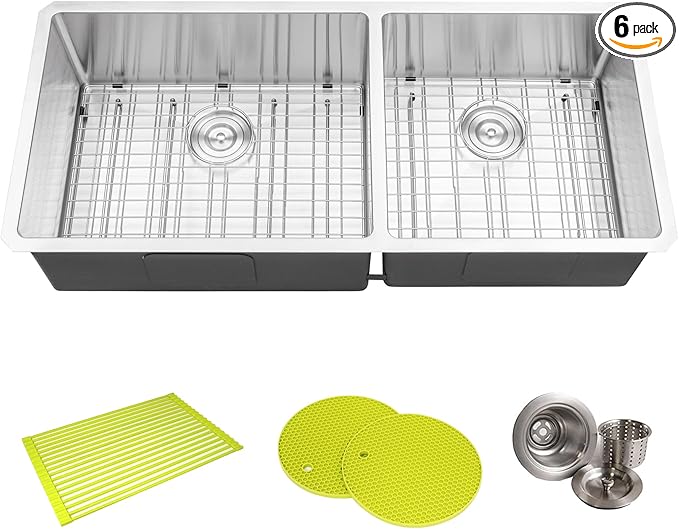 42 in. x 19 in. x 10 in. 16-Gauge Stainless Steel Undermount 60/40 Offset Double Bowl Kitchen Sink with Bottom Grid, Silicon Dishrack, Pot Mat and Strainer
