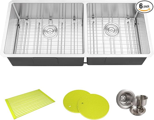 42 in. x 19 in. x 10 in. 16-Gauge Stainless Steel Undermount 60/40 Offset Double Bowl Kitchen Sink with Bottom Grid, Silicon Dishrack, Pot Mat and Strainer