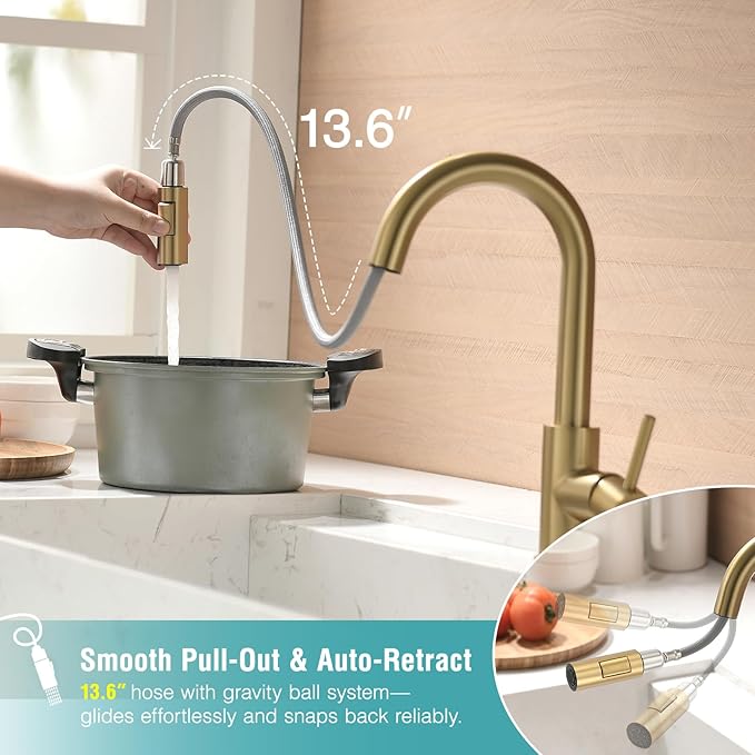 Modern Bar Sink Faucet for Kitchen Sink Single Handle with Pull Out Sprayer Hot and Cold Prep Sink Faucet Brushed Gold