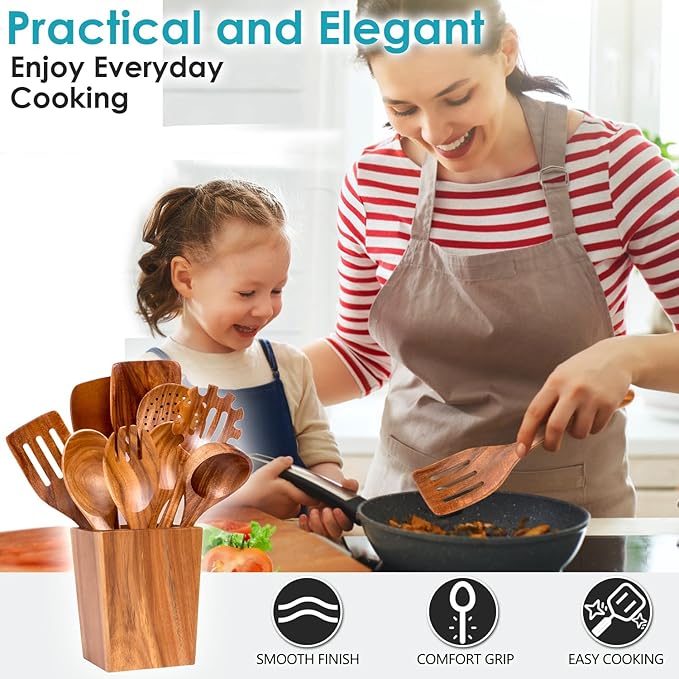 Wooden Spoons for Cooking, Premium Acacia Wood Kitchen Utensil Set, Handmade Wooden Utensils for Nonstick Cookware, Heat Resistant, Smooth Finish, Comfortable Grip, with Holder, Gift Ready