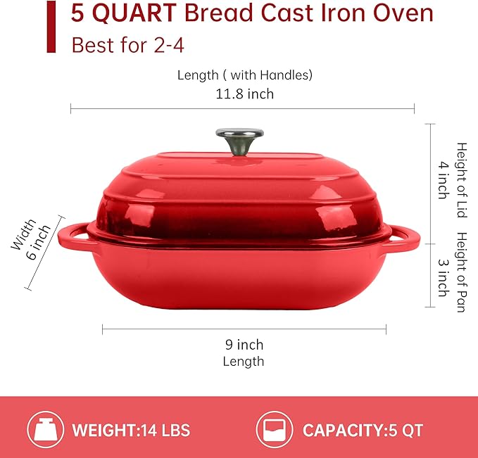 Premium Enameled Cast Iron Dutch Oven for Bread Baking | Non-Stick 5QT Oval Bread Oven with Lid | Perfect for Sourdough, Loaf, and Artisan Baking (Oval Red, 5 QT)