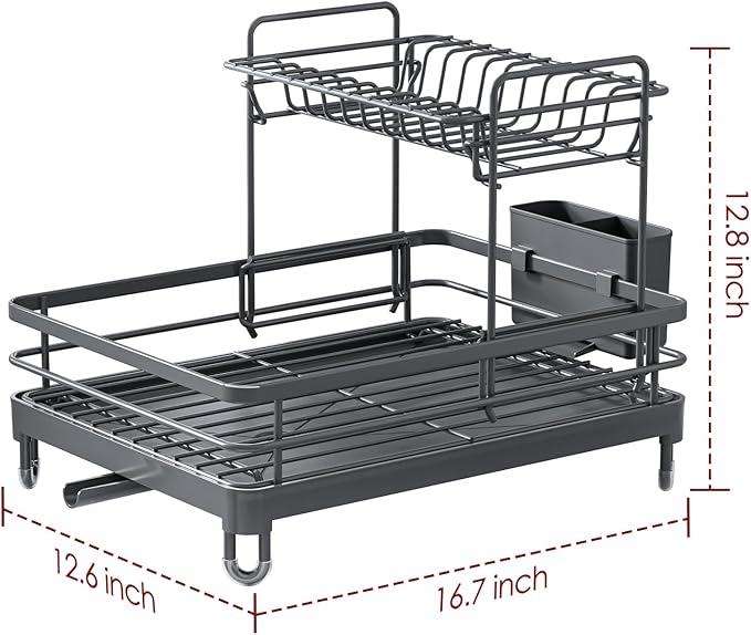 Dish Drying Rack - X-Large Stainless Steel Dish Rack for Kitchen Counter, 2-Tier Kitchen Organizers and Storage for Dishes, Bowls, Cutlery, Gray