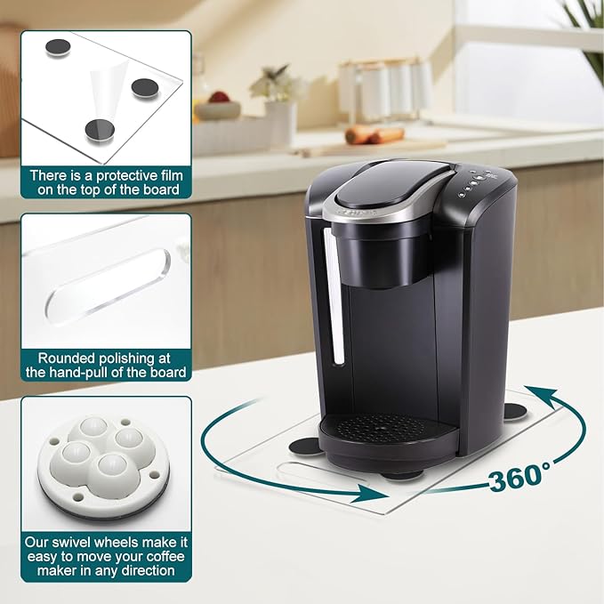 Appliance Slider 360° Rolling Tray for Coffee Maker Acrylic Coffee Pot Slider Tray Countertop Rotation Sliding Tray with Wheels, Small Appliances Mat Clear(Small 13.9"×9.4")
