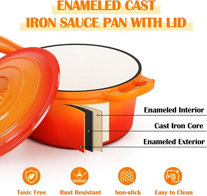 E-far Enameled Cast Iron Sauce Pan, 2 Quart Dutch Oven Saucepan with Lid, Small Sauce Pot for Cooking, Boiling, Healthy & Non Toxic, Induction & Oven Safe, Orange