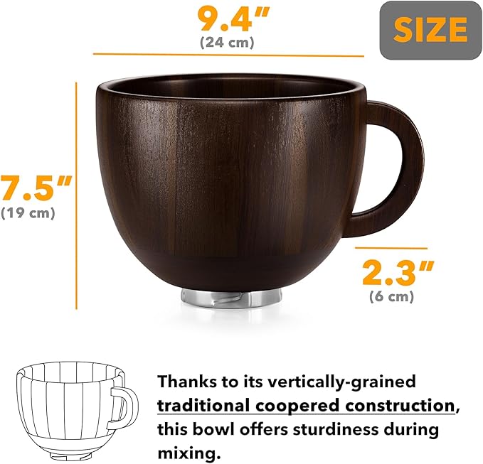 SpaceAid Wooden Bowl with Handle, Kitchen Space Aid Acacia Wood Mixing Bowls Holder for Stand Mixer, Compatible with 4.5 & 5 QT Tilt-Head Models Kitchen, Dark Wood