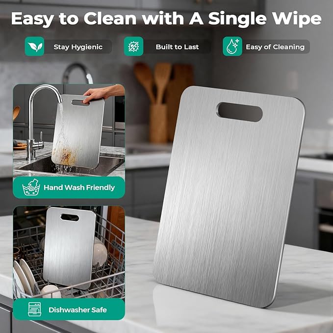 Katuchef Titanium Cutting Board - Upgraded 100% Pure Titanium Cutting Boards for Kitchen Non Toxic, Double-Grade Hygiene Durable Non Moldy Dishwasher Safe Meat Fruit Metal Board (2PC S+L)