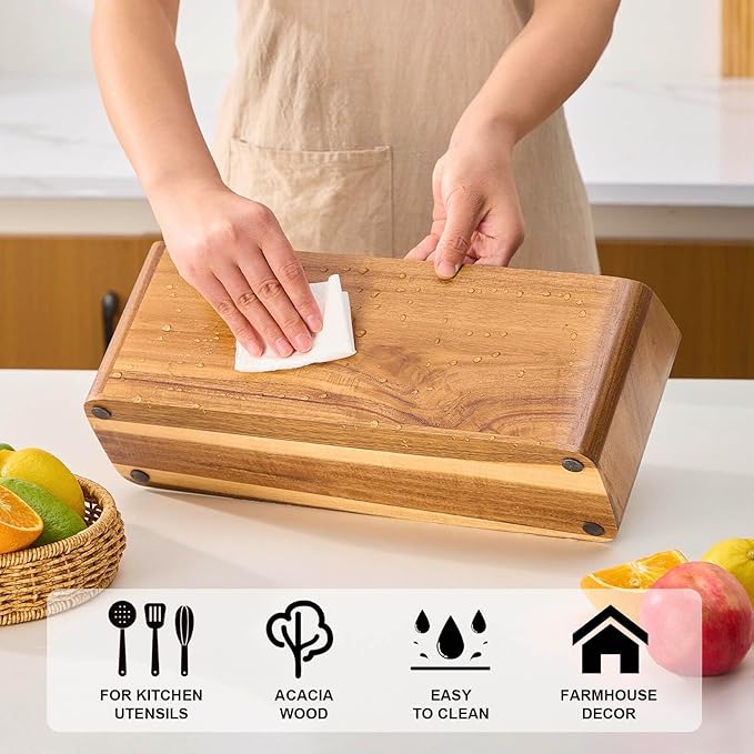 Wooden Utensil Holder for Kitchen Counter, Acacia Wood Kitchen Utensil Holder for Countertop with 4 Compartment, Cooking Utensil Organizer, Silverware Caddy (Acacia Wood, 4Compartment)
