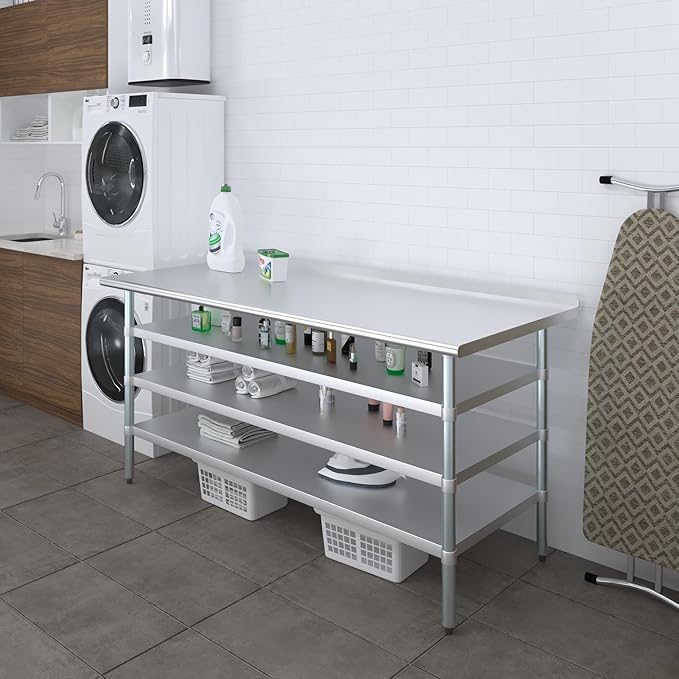 AmGood Stainless Steel Work Table with 1.5" Backsplash and 3 Shelves | Metal Kitchen Food Prep Table | NSF (72" Long x 30" Deep)