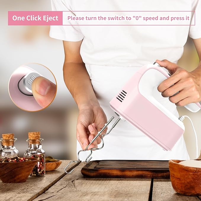 9-Speed Digital Hand Mixer Electric, 400W Powerful DC Motor, Hand Mixer Electric Handheld with Snap-On Storage Case, 5 Stainless Steel Accessories, Beaters, Dough Hooks, Whisk(Pink/White)