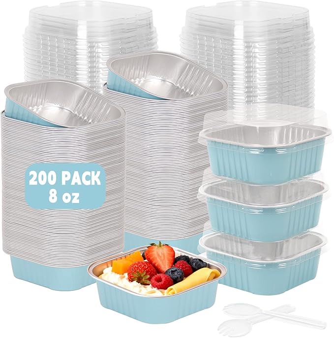 200 Pack 8 oz Mini Cake Pans with Lids, Individual Cake Pans with Lids and Spoons, Aluminum Foil Square Brownie Baking Cups for Ramekins Muffin Cupcake Cheesecake Birthday Party (Blue)