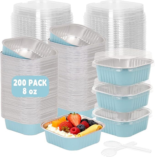 200 Pack 8 oz Mini Cake Pans with Lids, Individual Cake Pans with Lids and Spoons, Aluminum Foil Square Brownie Baking Cups for Ramekins Muffin Cupcake Cheesecake Birthday Party (Blue)
