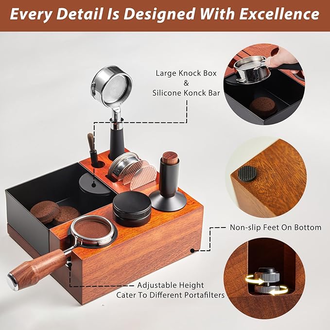 54mm Espresso Tamping Station Knock Box - 9 in 1 Coffee Knock Box And Tamp Station Espresso Organizer Box Fit for 51mm 53mm 54mm Espresso Portafilter Distributor Tamper Puck Screen Accessories Storage