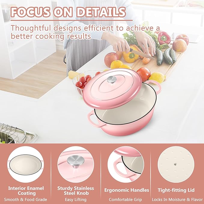 TeamFar Oval Dutch Oven, 5qt Enameled Cast Iron Dutch Oven Pot with Lid, For Bread Baking/Stewing/Braising/Frying, Suitable for Various Stoves, Dual Handles & Easy Cleanup, Pink