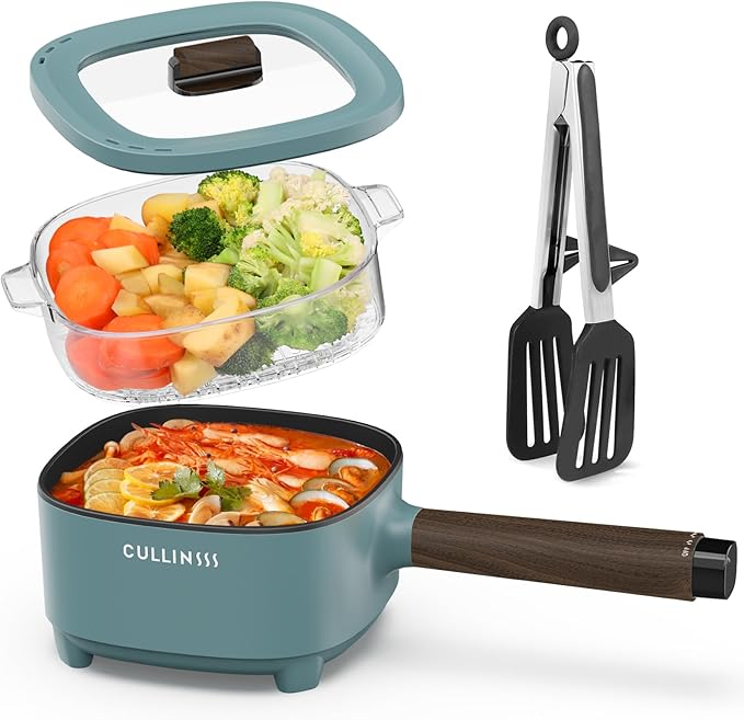 2L Electric Pot with Steamer, Portable Hot Pot Electric with Upgrade Titanium Nonstick Coating for Dorm, Office, Travel, Multi Cooker Pot for Ramen, Soup, Oatmeal (Tongs Included)
