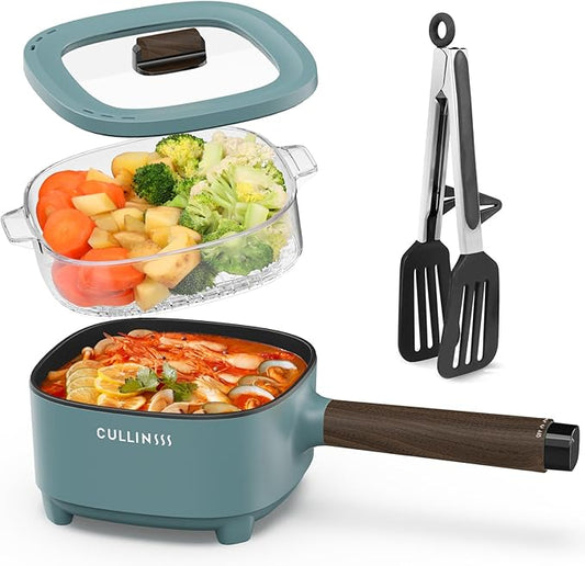 2L Electric Pot with Steamer, Portable Hot Pot Electric with Upgrade Titanium Nonstick Coating for Dorm, Office, Travel, Multi Cooker Pot for Ramen, Soup, Oatmeal (Tongs Included)