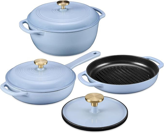 Best Choice Products Non-Stick Pot & Pan Cookware Set, Cast Iron, 2Qt Skillet W/Lid, 10" Grill Or Griddle Pan W/Press, 6Qt Enameled Dutch Oven, Non-toxic, For Cooking & Grilling - Cornflower
