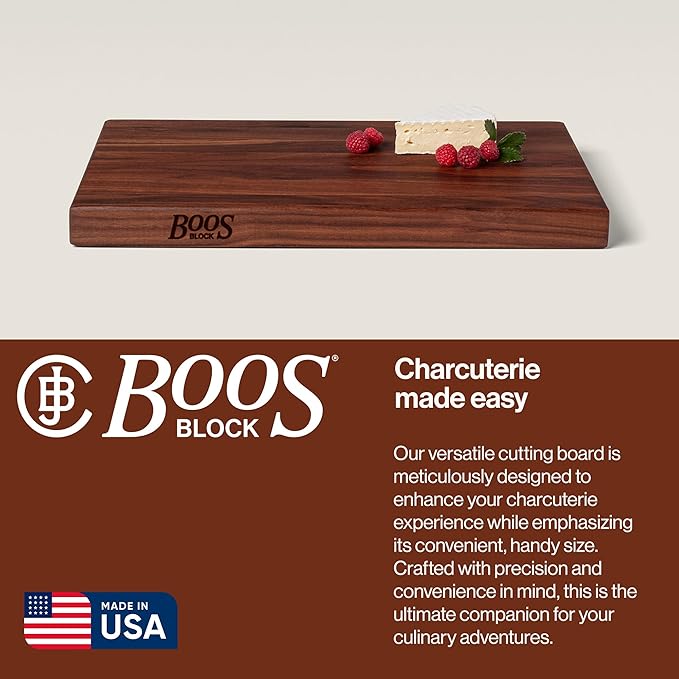 John Boos R-Board Series Rectangular Wooden Walnut Cutting Board 18”x12” – 1.5” Thick, 9-lb Reversible Butcher Block with Edge-Grain & Finger Grips – Made in the USA