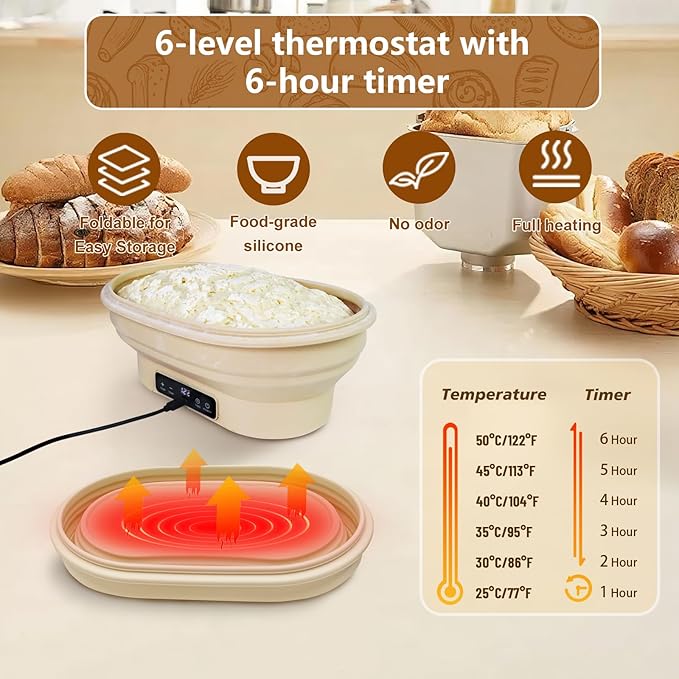Heating Sourdough Starter Kit, Electric Thermostatic Silicone Bread Proofing Basket Set with 6 Timer & Temp Settings Dishwasher Safe, Foldable Sourdough Starter Bowl, Starter Baking Kit Gift