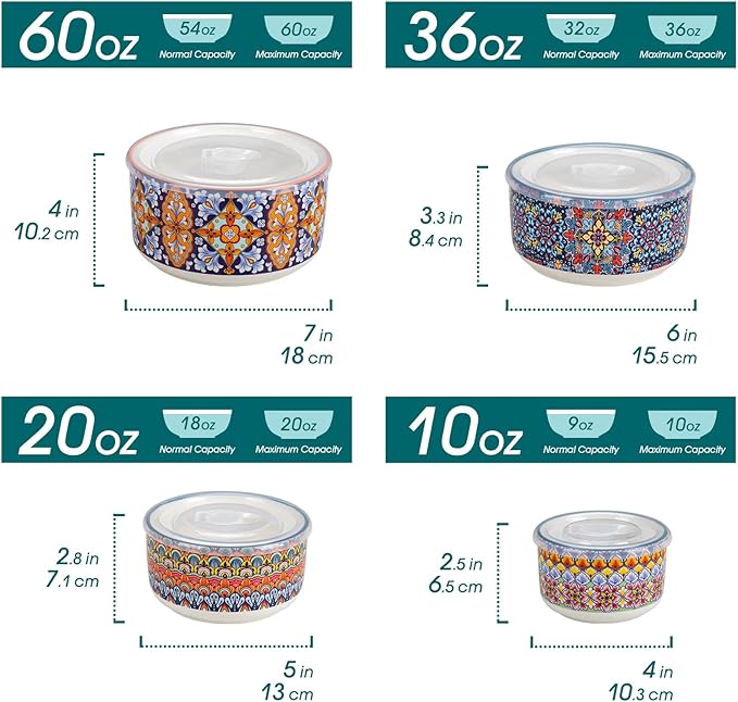 vancasso Serving Bowls with Lids Set of 4, Ceramic Nesting Mixing Bowls for Food Storage, Prep and Stackable, Dishwasher & Microwave Safe Gift Set, 60/36/20/10 OZ, Series SIMI