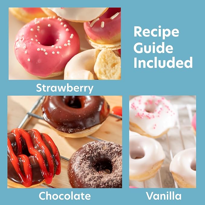 Mini Donut Maker- Electric NonStick Surface Makes 7 Small Doughnuts- Decorate Frost Ice Your Own for Kid Friendly Baked Dessert Treat- Cooking Activity for Adults, Easy Bake Gift, Galentine Brunch Fun