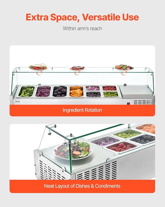 VEVOR Refrigerated Condiment Prep Station, 130 W Countertop Refrigerated Condiment Station, with Four 1/3 Pans & Four 1/6 Pans, 304 Stainless Body and PC Lid, Sandwich Prep Table with Glass Guard
