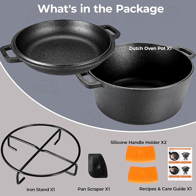 TLGREEN Cast Iron Dutch Oven Pot with Lid, Pot (5.1QT) and Lid as a Skillet(1.9QT) - Dutch Oven Cast Iron with Silicone Holders, Iron Stand, for Oven, Stove, Grill，Campfire