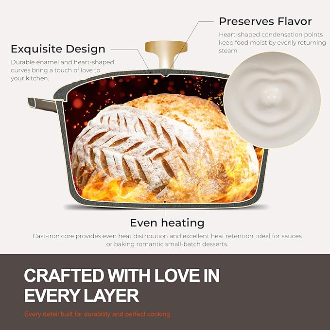 Overmont Enameled Cast Iron Dutch Oven - Heart-Shaped Pot with Lid Cookbook & Cotton Pot Holders - Mini Cookware Oven Safe to 500°F for Bread Baking Soups Stews - Great Gift for Wedding Birthday Housewarming 2QT White