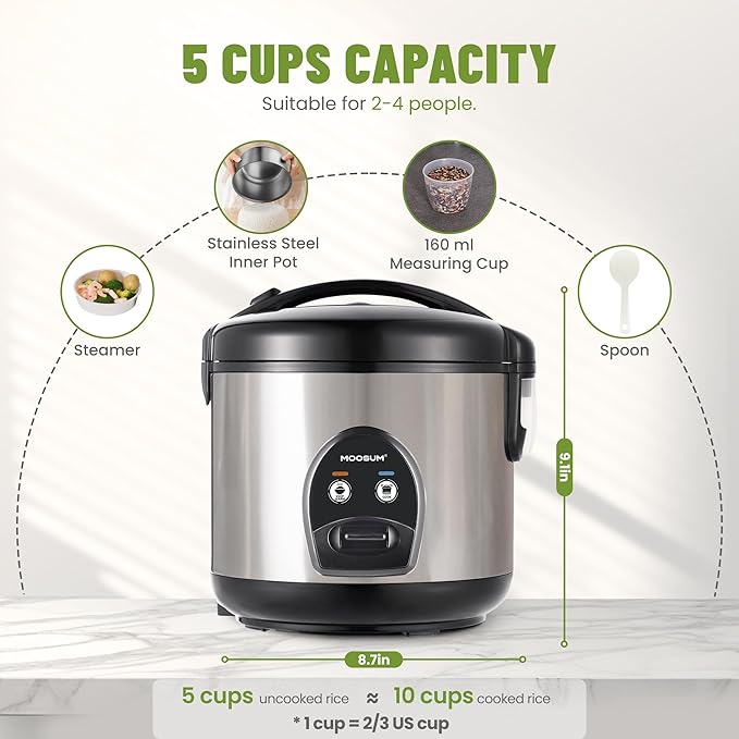 Electric Rice Cooker with One Touch for Asian Japanese Sushi Rice, 5-Cup Uncooked with Stainless Steel Inner Pot, Removable Inner Cover and Steamer, Silver
