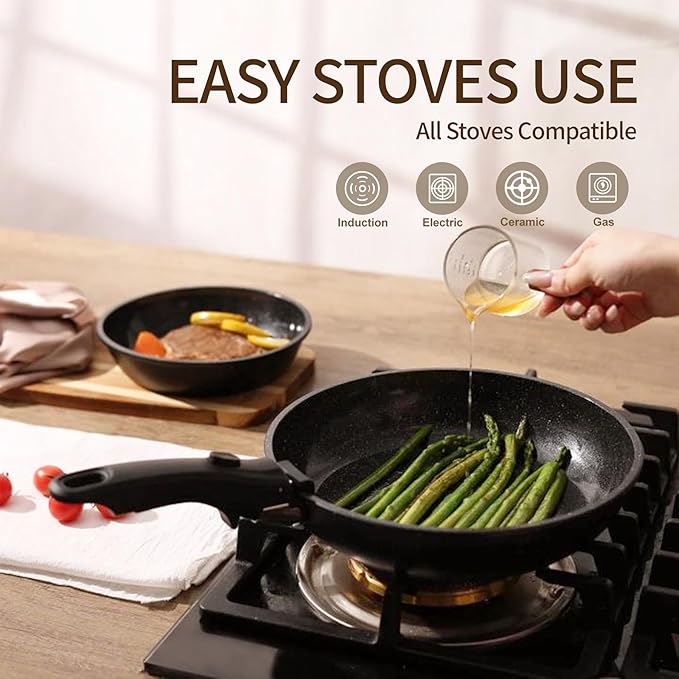 Nonstick Ceramic Cookware Set 21PCS with Detachable Handle, Pans and Pots Set, RV Kitchen Set Cookware Set, Pan Pots with Removable Handles, Oven Safe, Induction Ready(Black)