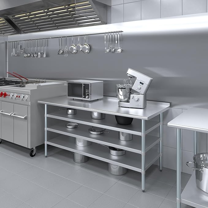 AmGood Stainless Steel Work Table with 1.5" Backsplash and 3 Shelves | Metal Kitchen Food Prep Table | NSF (72" Long x 30" Deep)