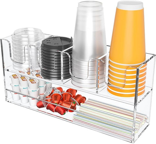 Beego 5-Compartment Cup Holder for Countertop - 2-Tier Clear Acrylic Cup Dispenser Coffee Station Paper Cup and Lid Organizer Condiment Storage for Restaurant Breakroom Kitchen Bar Accessories