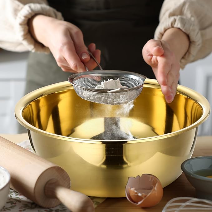 Baderke 7 Psc Gold Mixing Bowls Set 13.4 Inches 8 Qt Large Stainless Steel Prep Bowl with Spatula Basting Brush Egg Whisk &10 Measuring Spoons for Baking Kitchen Mixing Serving Storage