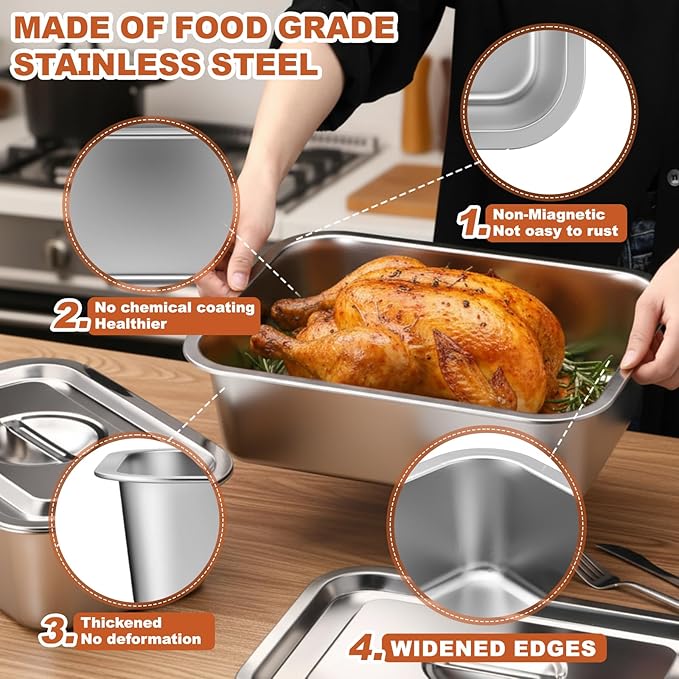 2 Pack 4 Inch Extra Deep Lasagna Baking Pan with Lid, 11"x14.2" 7.4qt & 8.6"x12.5" 4qt Rectangular Large Stainless Steel Nonstick Lasagna Roasting Pans Set Deep Baking Dish Set for Oven