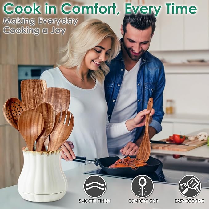 Wooden Spoons for Cooking, Teak Wood Kitchen Utensil Set, Premium Handmade Wooden Utensils for Nonstick Cookware, Heat Resistant, Smooth Finish, Comfortable Grip, 6 Piece