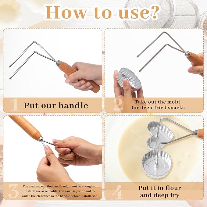 Zhehao 9 Piece Rosette Iron Mold Set with Double Headed Handle Bunuelos Molds with 8 Interchangeable Heads Timbale Cookie Mold Tool for Waffles Cakes Biscuits for Baking Cooking Kitchen