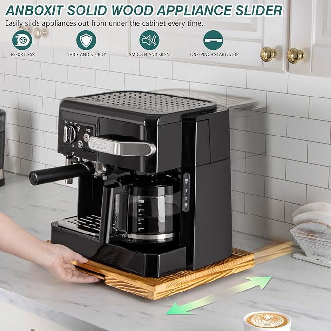 Appliance Slider, Wooden Sliding Tray for Coffee Maker, Coffee Pot Slider for Counter, Kitchen Caddy Rolling Tray (Rustic Brown- Wide)