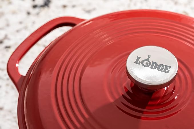 Lodge Essential Enamel Cast Iron Dutch Oven - Perfect for Bread Baking, Braising, Marinating & Slow Cooking - Features Moisture-Sealing Lid & Dual Handles - Kitchen Essentials - 6 Quarts - Cranberry