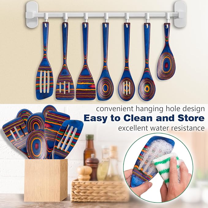 Wooden Spoons for Cooking, Pakkawood Kitchen Utensil Set Spectrum Color, Premium Durable Wooden Utensils for Nonstick Cookware, Heat Resistant, Smooth Finish, Comfortable Grip, 7 Piece