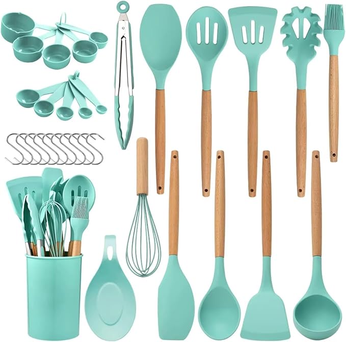 33-Piece Silicone Kitchen Cooking Utensils Set with Holder| Heat-Resistant | Non-Stick Cooking Utensils with Wooden Handles – BPA-Free Cookware Utensils set | Kitchen Tools Great for Gifting (GREEN)
