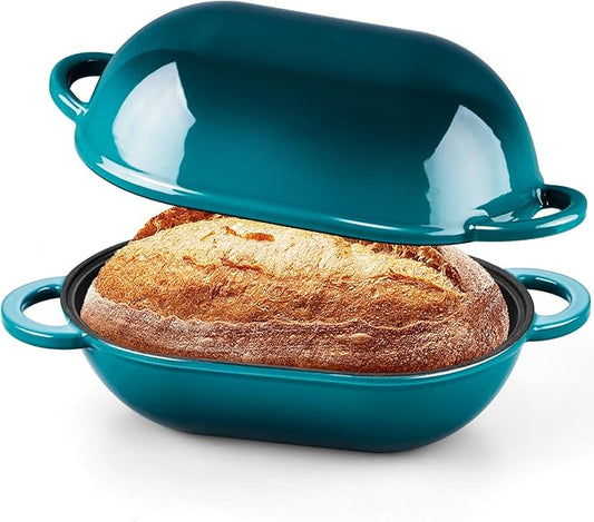 Onader Enameled Cast Iron Dutch Oven for Sourdough Bread Baking, 9x5-1/2 Inch Oval Cast Iron Bread Oven Pan with Lid, 2.8QT Meatloaf Pan, Heavy Duty - Dark Cyan